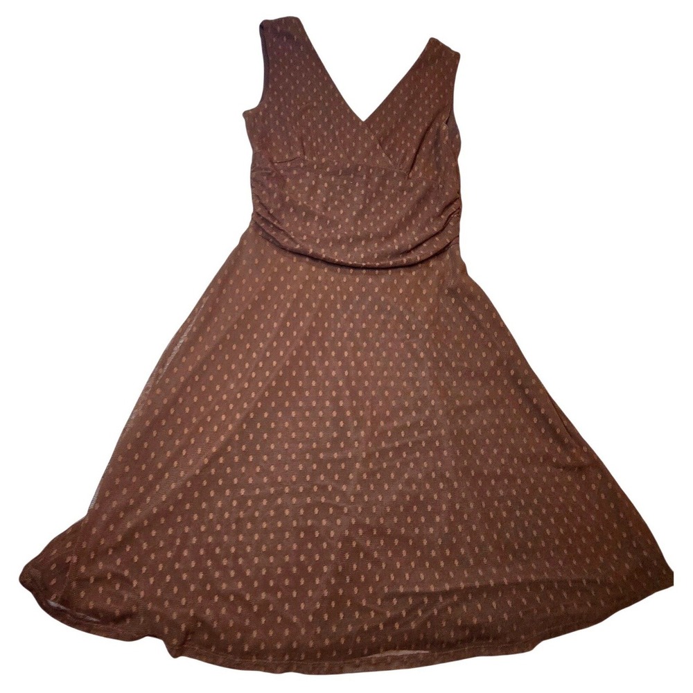 Axcess Liz Claiborne Brown Mesh Overlay V-Neck Ruched Midi Dress Womens Medium